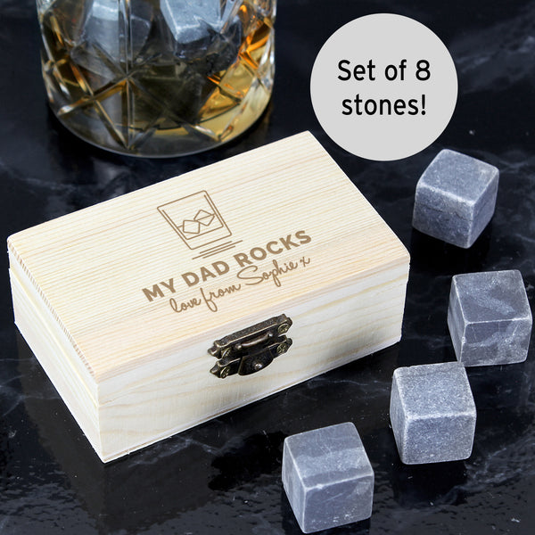 Personalised Whisky Stones Set perfect for preventing a watered down dram.  The whisky stones work well cooling drinks down as they stay cooler for longer with better heat retention and can be used for any alcoholic tipple.  The set includes 8 stones which are presented in a wooden clasp locked box