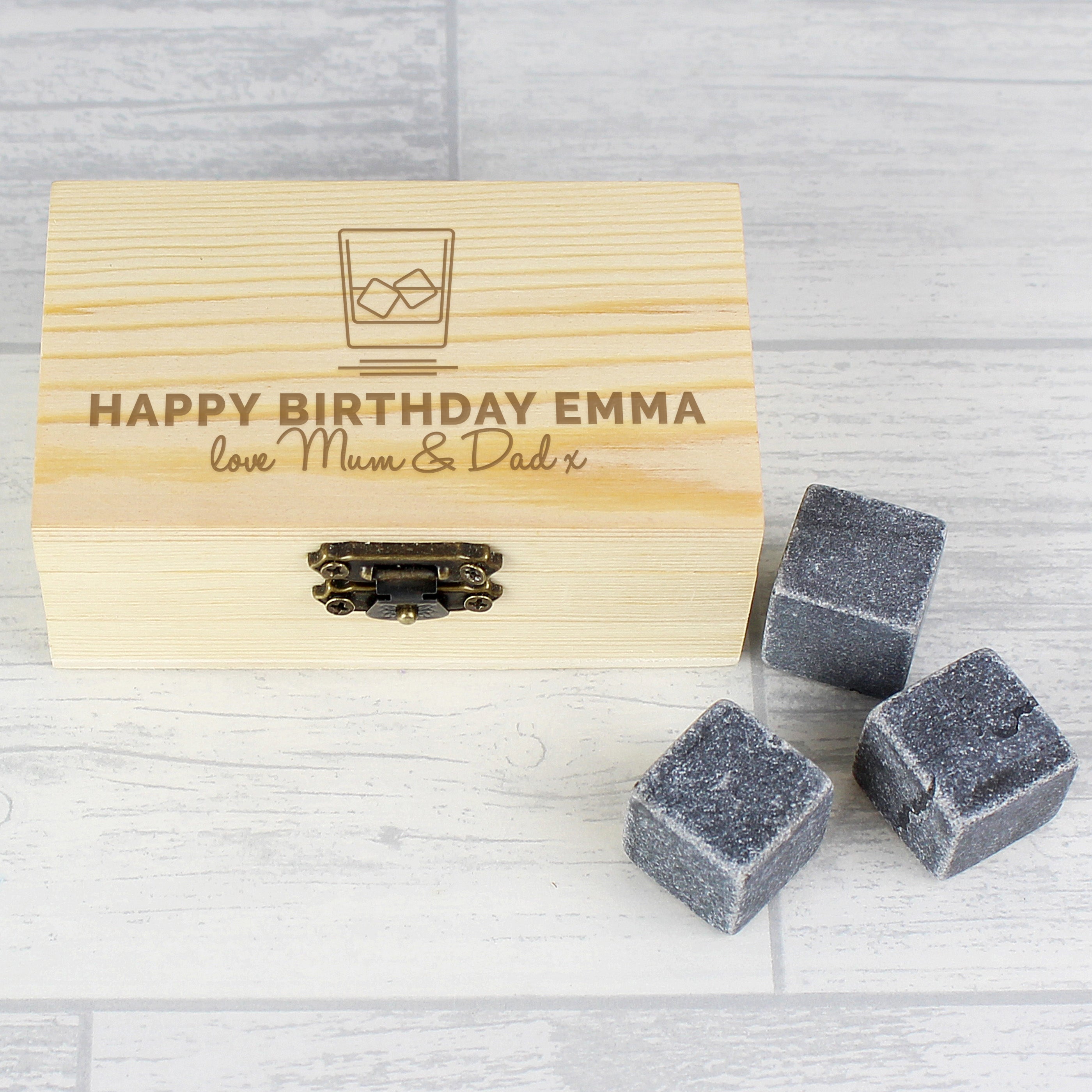 Personalised Whisky Stones Set perfect for preventing a watered down dram.  The whisky stones work well cooling drinks down as they stay cooler for longer with better heat retention and can be used for any alcoholic tipple.  The set includes 8 stones which are presented in a wooden clasp locked box