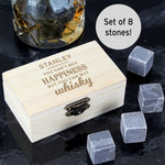Personalised Whisky Stones Set perfect for preventing a watered down dram.  The whisky stones work well cooling drinks down as they stay cooler for longer with better heat retention and can be used for any alcoholic tipple.  The set includes 8 stones which are presented in a wooden clasp locked box which can be personalised as follows: