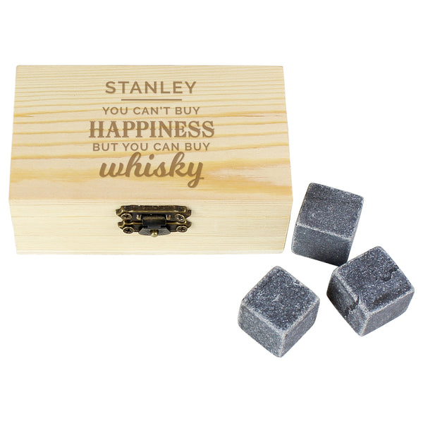 Personalised Whisky Stones Set perfect for preventing a watered down dram.  The whisky stones work well cooling drinks down as they stay cooler for longer with better heat retention and can be used for any alcoholic tipple.  The set includes 8 stones which are presented in a wooden clasp locked box which can be personalised as follows: