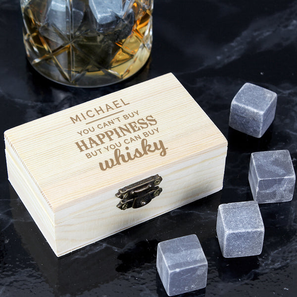 Personalised Whisky Stones Set perfect for preventing a watered down dram.  The whisky stones work well cooling drinks down as they stay cooler for longer with better heat retention and can be used for any alcoholic tipple.  The set includes 8 stones which are presented in a wooden clasp locked box which can be personalised as follows: