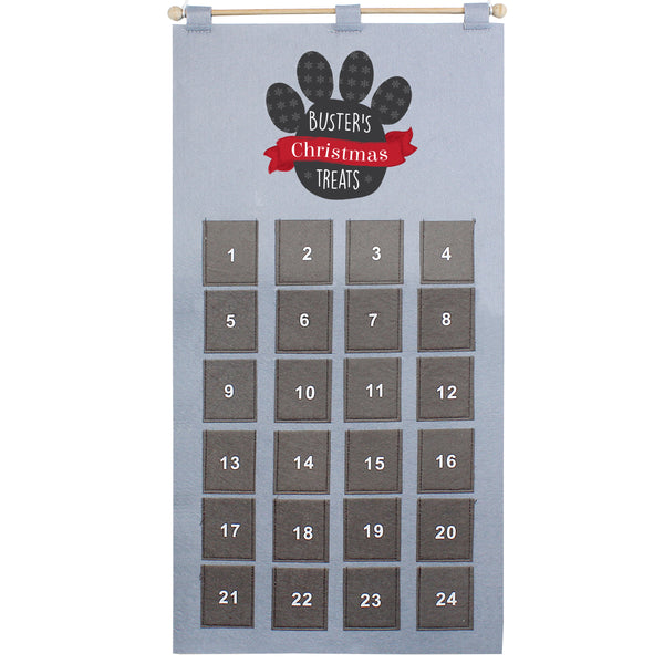 This personalised pet pocket Felt Advent Calendar is the perfect way to count down to christmas with your pet. Super advent calendar which can be stored to use year after year and eco friendly too.   This pretty advent Calendar can be personalised with a name of up to 12 characters long. Personalisation will appear in block capitals.  The words 'Christmas Treats' are fixed text.