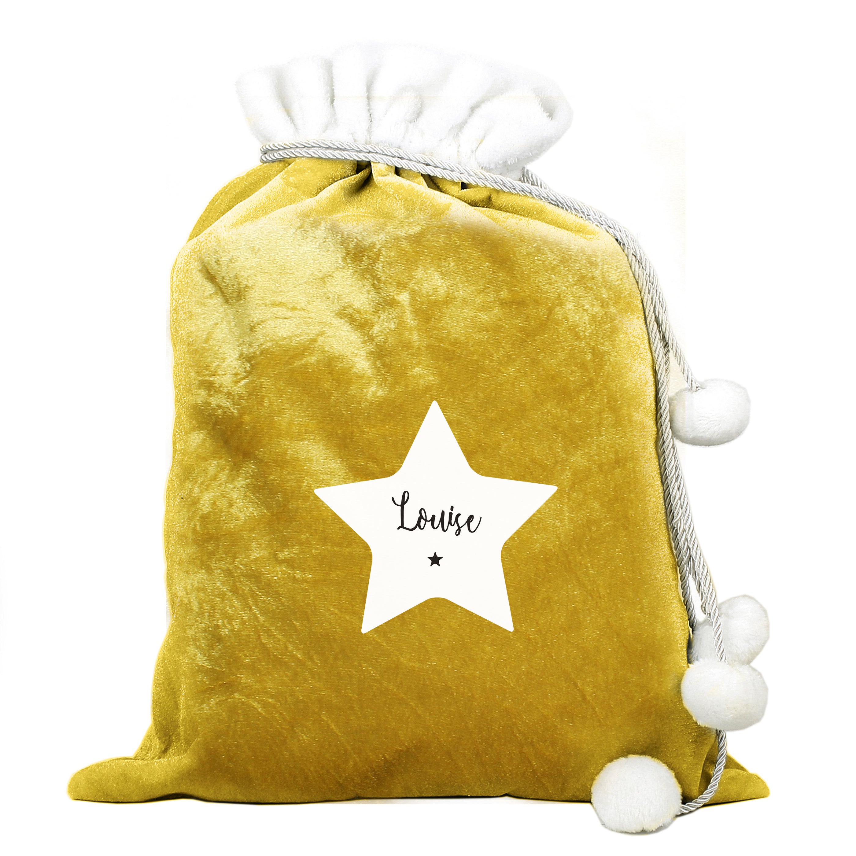 This personalised Christmas star sack is the perfect way to present Christmas gifts and looks super luxurious too with beautiful pom pom ties.  It can be stored to use for that little bit of luxury year after year.  This pretty stocking can be personalised with a name up to 12 characters long.