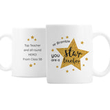 Personalised Star Teacher Mug with pretty star design, a wonderful gift to show all the hard working teachers your appreciation.  This mug can be personalised witha name up to 15 characters on the front and a message with up to 4 lines, 15 characters per line on the reverse.  The words 'You are a star teacher' are fixed text.