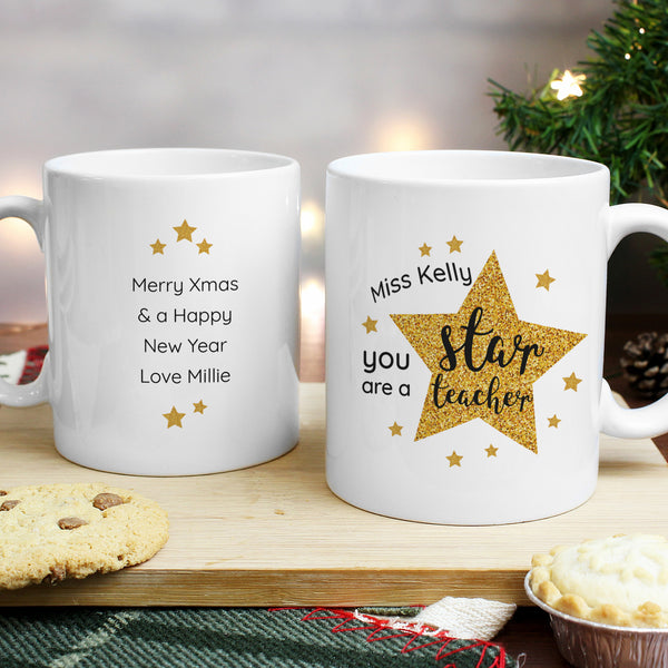 Personalised Star Teacher Mug with pretty star design, a wonderful gift to show all the hard working teachers your appreciation.  This mug can be personalised witha name up to 15 characters on the front and a message with up to 4 lines, 15 characters per line on the reverse.  The words 'You are a star teacher' are fixed text.