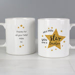 Personalised Star Teacher Mug with pretty star design, a wonderful gift to show all the hard working teachers your appreciation.  This mug can be personalised witha name up to 15 characters on the front and a message with up to 4 lines, 15 characters per line on the reverse.  The words 'You are a star teacher' are fixed text.