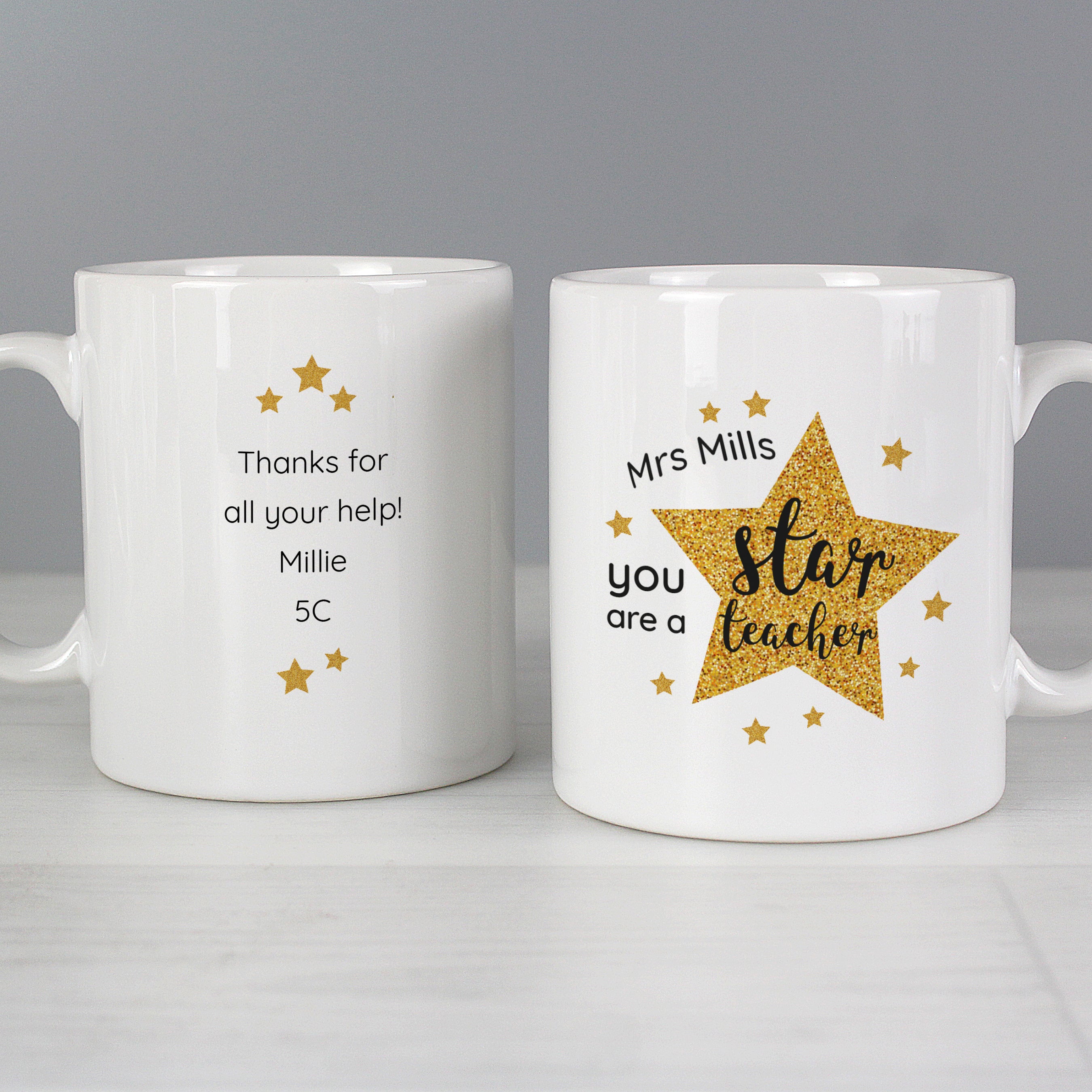 Personalised Star Teacher Mug with pretty star design, a wonderful gift to show all the hard working teachers your appreciation.  This mug can be personalised witha name up to 15 characters on the front and a message with up to 4 lines, 15 characters per line on the reverse.  The words 'You are a star teacher' are fixed text.