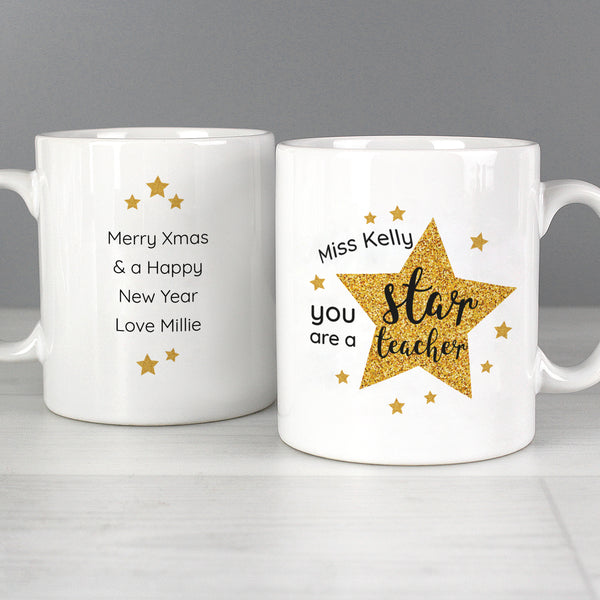 Personalised Star Teacher Mug with pretty star design, a wonderful gift to show all the hard working teachers your appreciation.  This mug can be personalised witha name up to 15 characters on the front and a message with up to 4 lines, 15 characters per line on the reverse.  The words 'You are a star teacher' are fixed text.
