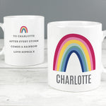 This lovely mug with a bright rainbow design is sure to make someone smile.  The front of the mug can be personalised with a name of up to 12 characters including spaces and punctuation.  The reverse of the mug can also be personalised with any message over 4 lines up to 25 characters per line.