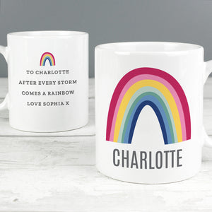 This lovely mug with a bright rainbow design is sure to make someone smile.  The front of the mug can be personalised with a name of up to 12 characters including spaces and punctuation.  The reverse of the mug can also be personalised with any message over 4 lines up to 25 characters per line.