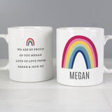 This lovely mug with a bright rainbow design is sure to make someone smile.  The front of the mug can be personalised with a name of up to 12 characters including spaces and punctuation.  The reverse of the mug can also be personalised with any message over 4 lines up to 25 characters per line.
