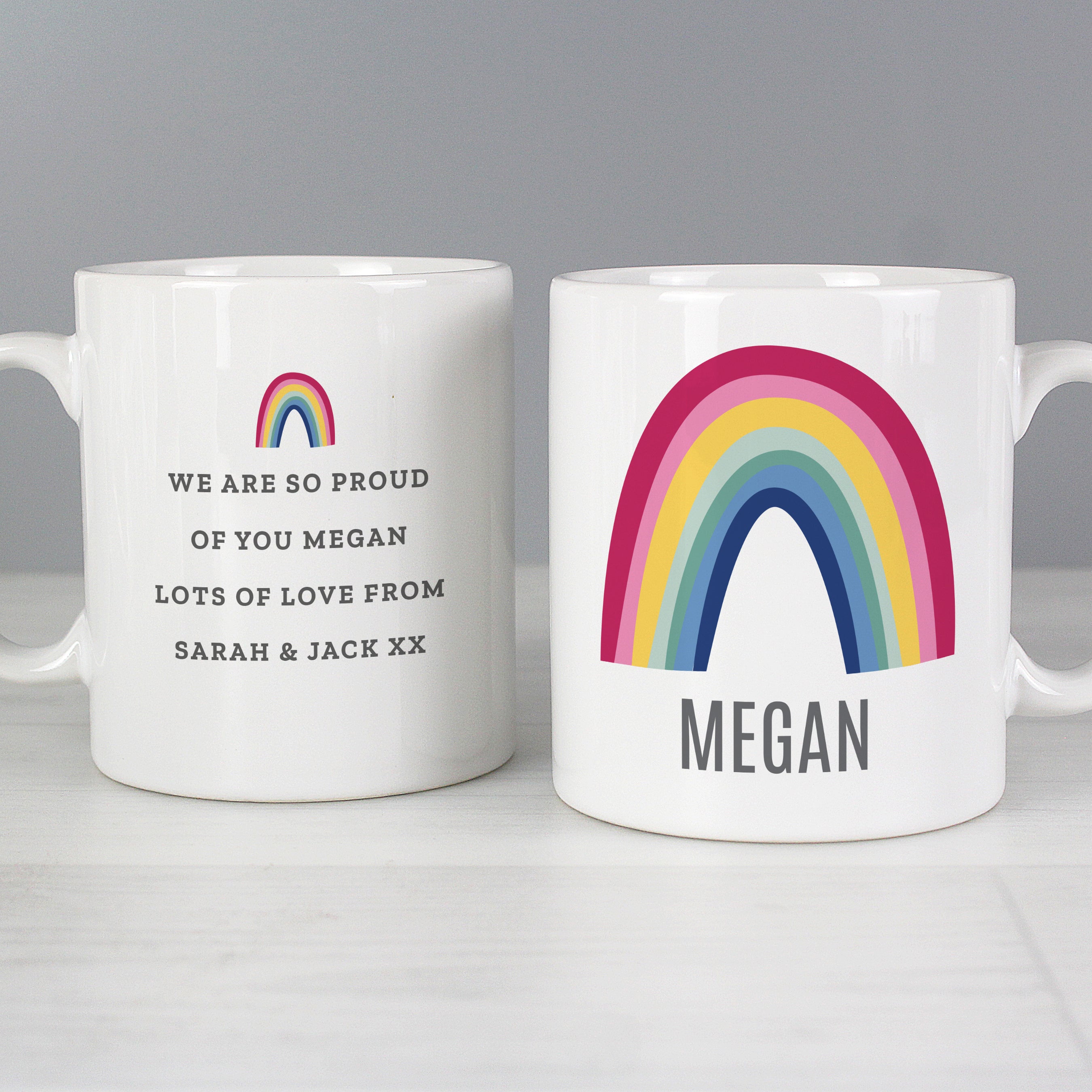 This lovely mug with a bright rainbow design is sure to make someone smile.  The front of the mug can be personalised with a name of up to 12 characters including spaces and punctuation.  The reverse of the mug can also be personalised with any message over 4 lines up to 25 characters per line.