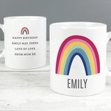 This lovely mug with a bright rainbow design is sure to make someone smile.  The front of the mug can be personalised with a name of up to 12 characters including spaces and punctuation.  The reverse of the mug can also be personalised with any message over 4 lines up to 25 characters per line.