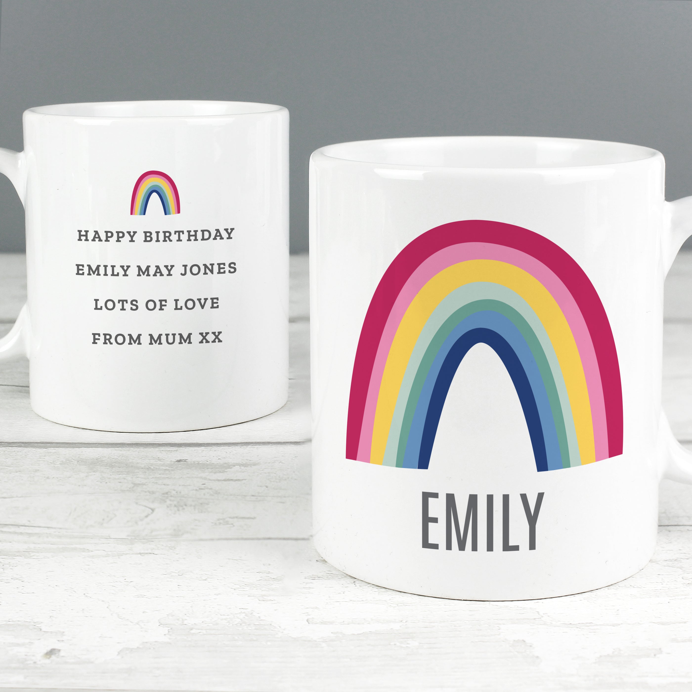 This lovely mug with a bright rainbow design is sure to make someone smile.  The front of the mug can be personalised with a name of up to 12 characters including spaces and punctuation.  The reverse of the mug can also be personalised with any message over 4 lines up to 25 characters per line.