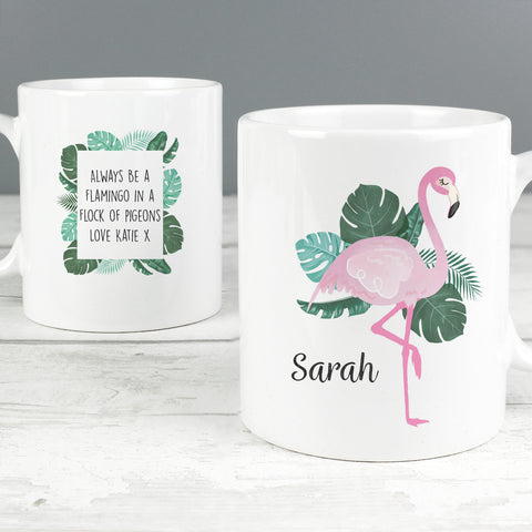Personalised Mug with pretty flamingo and floral design.