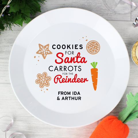 Santa and Rudolph's plastic Christmas Eve plate is the perfect way to get the children ready for Santa this Christmas Eve.     This plate can be personalised with any message over 2 lines, 15 characters per line. All personalisation will appear in fixed upper case. 'Cookies for Santa' and 'Carrots for the Reindeer' is fixed text.