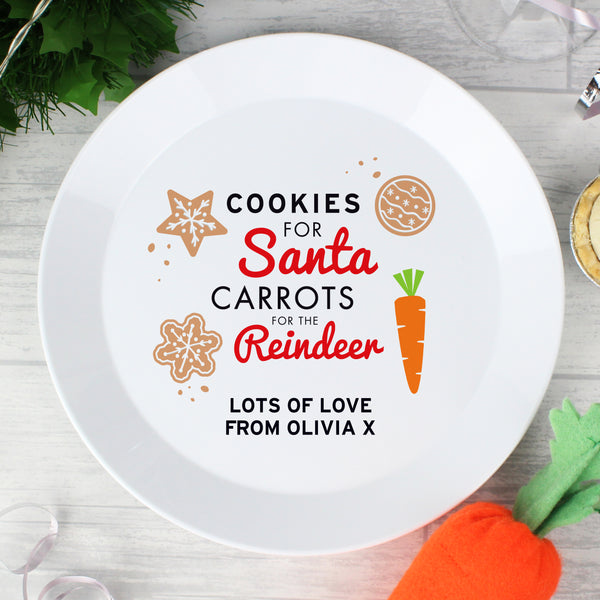 Santa and Rudolph's plastic Christmas Eve plate is the perfect way to get the children ready for Santa this Christmas Eve.     This plate can be personalised with any message over 2 lines, 15 characters per line. All personalisation will appear in fixed upper case. 'Cookies for Santa' and 'Carrots for the Reindeer' is fixed text.