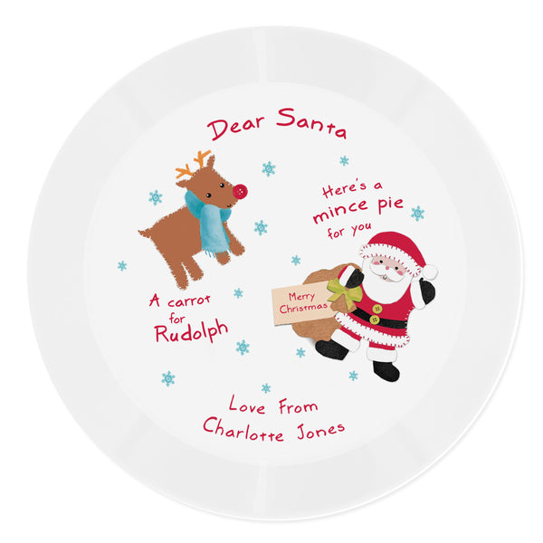 Santa and Rudolph's plastic Christmas Eve plate is the perfect way to get the children ready for Santa this Christmas Eve.    This plate can be personalised with any message over 2 lines, 20 characters per line. All personalisation is case sensitive and will appear as entered.   'Dear Santa', 'Merry Christmas', 'Here is a mince pie for you', 'a carrot for Rudolph' and 'and a special Christmas drink to wash it down!' is all fixed text.
