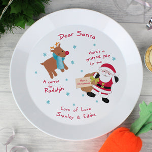 Santa and Rudolph's plastic Christmas Eve plate is the perfect way to get the children ready for Santa this Christmas Eve.    This plate can be personalised with any message over 2 lines, 20 characters per line. All personalisation is case sensitive and will appear as entered.   'Dear Santa', 'Merry Christmas', 'Here is a mince pie for you', 'a carrot for Rudolph' and 'and a special Christmas drink to wash it down!' is all fixed text.