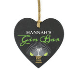 Slate hanging heart sign with natural, rustic string which can be personalised with a name of  your choice. A perfect gift for any Gin lover!  Personalise with a name up to 12 characters long (will appear in fixed upper case) and a year up to 4 characters. Gin Bar & EST is fixed text.