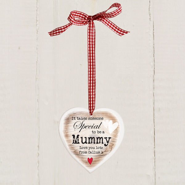 Beautiful wooden heart hanging sign 'Someone Special' would make a lovely gift.  Personalise this decoration with a role or name up to 12 characters and a message up to two lines of up to 15 characters on each line. The words 'It takes someone special to be a' are fixed text.