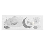 Adorable personalised moon & stars wooden block decoration, a fabulous way of welcoming a new baby to the world.  This sign can be personalised with a first name with 12 characters which is case sensitive and surname with 12 characters which is fixed upper case (on cloud). Date: 20 characters (on moon) Fixed upper case. Weight:  4 characters (on left star) and 4 characters (on right star) Case sensitive. Time : 5 Characters (on sun) with AM/PM Fixed upper case.