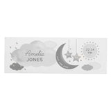 Adorable personalised moon & stars wooden block decoration, a fabulous way of welcoming a new baby to the world.  This sign can be personalised with a first name with 12 characters which is case sensitive and surname with 12 characters which is fixed upper case (on cloud). Date: 20 characters (on moon) Fixed upper case. Weight:  4 characters (on left star) and 4 characters (on right star) Case sensitive. Time : 5 Characters (on sun) with AM/PM Fixed upper case.
