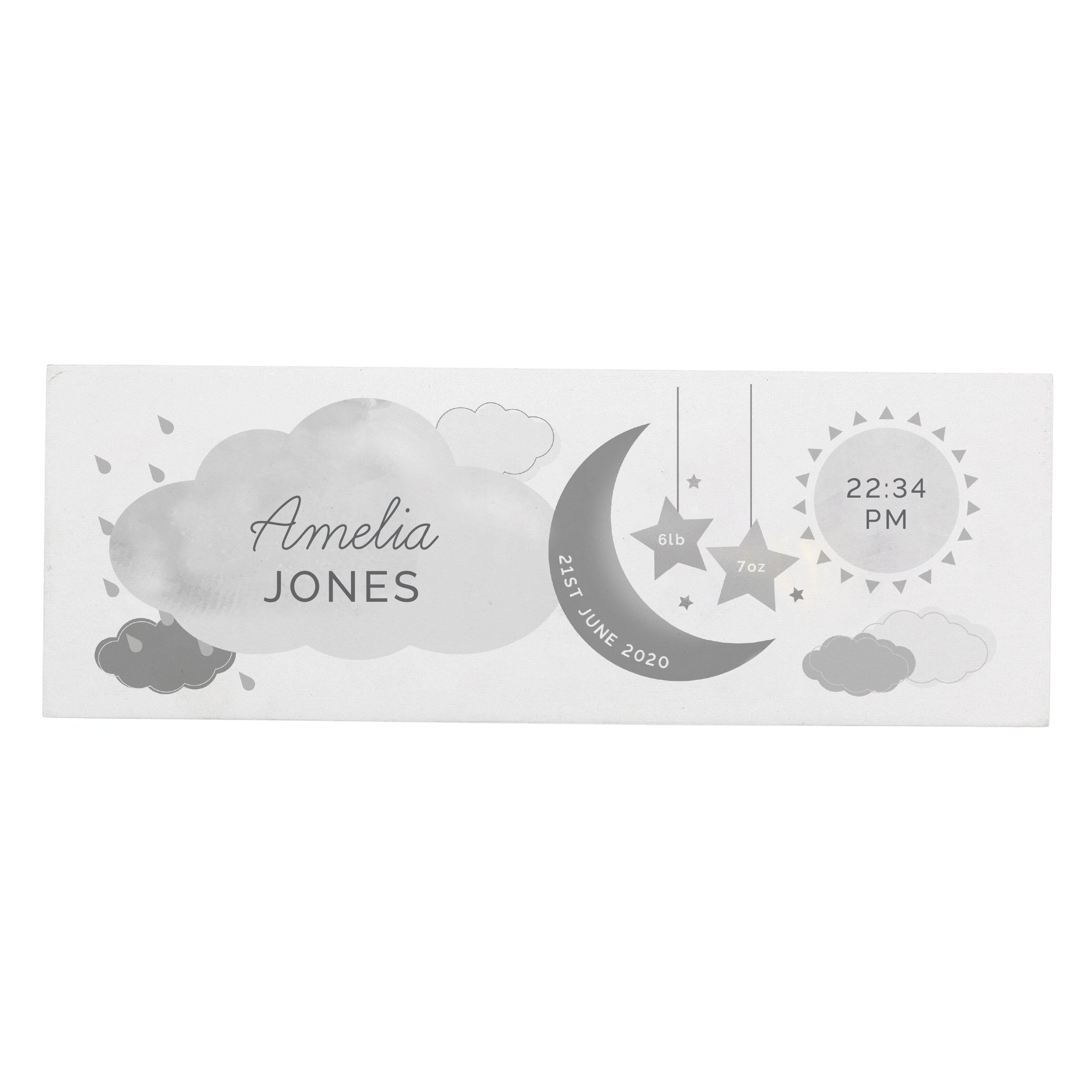 Adorable personalised moon & stars wooden block decoration, a fabulous way of welcoming a new baby to the world.  This sign can be personalised with a first name with 12 characters which is case sensitive and surname with 12 characters which is fixed upper case (on cloud). Date: 20 characters (on moon) Fixed upper case. Weight:  4 characters (on left star) and 4 characters (on right star) Case sensitive. Time : 5 Characters (on sun) with AM/PM Fixed upper case.