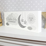 Adorable personalised moon & stars wooden block decoration, a fabulous way of welcoming a new baby to the world.  This sign can be personalised with a first name with 12 characters which is case sensitive and surname with 12 characters which is fixed upper case (on cloud). Date: 20 characters (on moon) Fixed upper case. Weight:  4 characters (on left star) and 4 characters (on right star) Case sensitive. Time : 5 Characters (on sun) with AM/PM Fixed upper case.