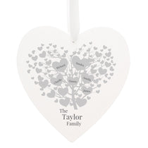 Wooden Hanging Heart with beautiful family tree design which can be personalised with  up to 9 family members.  Personalise with family surname up to 20 Characters and names (1 to 9) up to 12 characters per name. The text will appear as entered.
