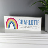 Freestanding wooden sign with bright rainbow design which can be personalised with a name up to 12 characters and your own message over 2 lines up to 25 characters per line including spaces and punctuation.