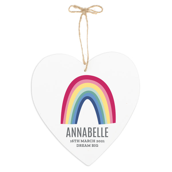 Wooden Hanging Heart with bright rainbow design which can be personalised with a name up to 12 characters and a message with up to 2 lines of 20 characters.