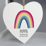 Wooden Hanging Heart with bright rainbow design which can be personalised with a name up to 12 characters and a message with up to 2 lines of 20 characters.
