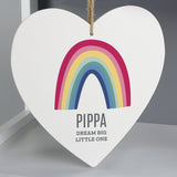 Wooden Hanging Heart with bright rainbow design which can be personalised with a name up to 12 characters and a message with up to 2 lines of 20 characters.