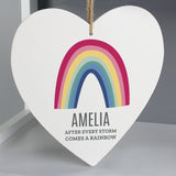Wooden Hanging Heart with bright rainbow design which can be personalised with a name up to 12 characters and a message with up to 2 lines of 20 characters.