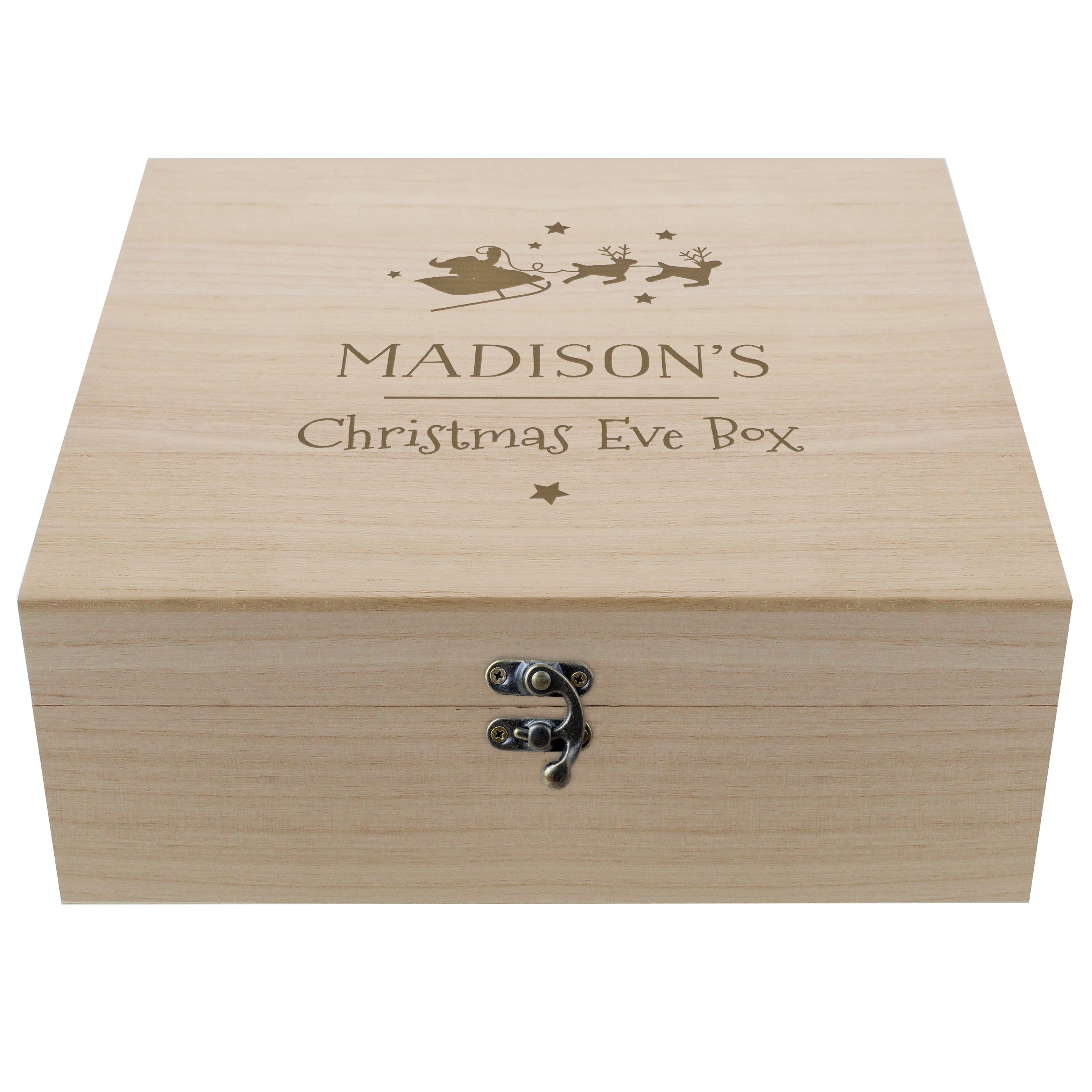 Fill this wonderful wooden Christmas eve box with treats and surprises, the perfect way to get the children ready for Santa this Christmas Eve.   The box has fixed text 'Christmas Eve Box' and can be personalised with a name up to 12 characters. The name entered will appear in upper case.