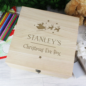Fill this wonderful wooden Christmas eve box with treats and surprises, the perfect way to get the children ready for Santa this Christmas Eve.   The box has fixed text 'Christmas Eve Box' and can be personalised with a name up to 12 characters. The name entered will appear in upper case.
