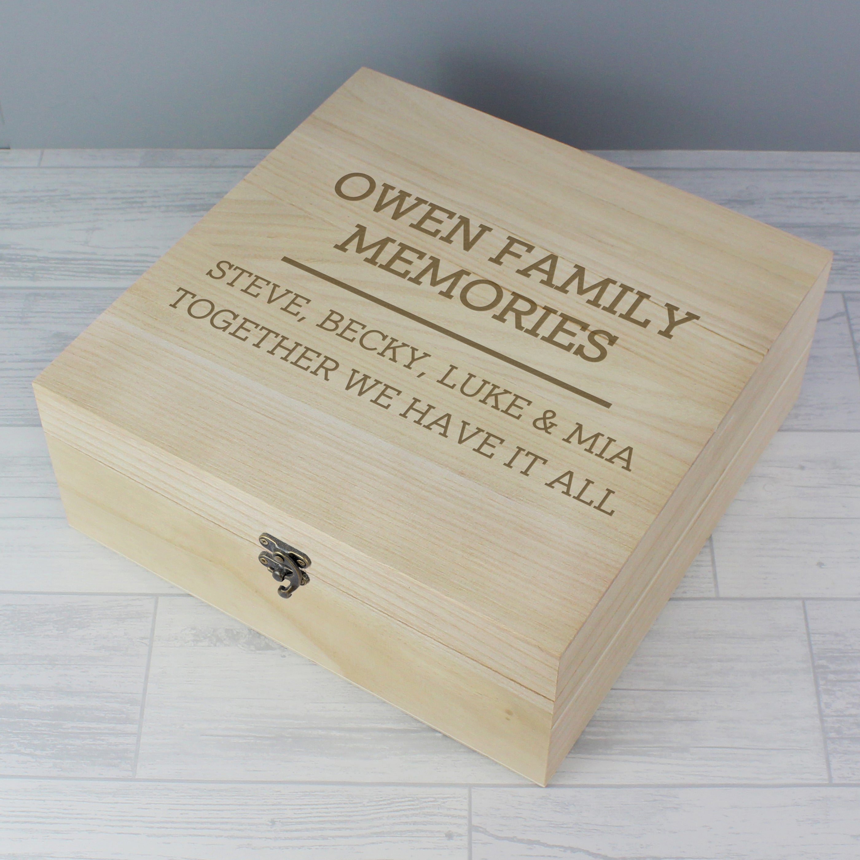Quirky wooden keepsake box to keep clutter at bay or store those special keepsakes featuring a metal clasp and hinges.  The box can be personalised with 2 lines of text with up to 15 characters per line (above the line) and 2 lines of text with up to 25 characters per line (below the line).
