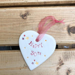 Hand painted ceramic heart featuring star design and the sentiment 'Happy 30th'  Handmade in the UK using clay, glaze and paint sourced locally.  Material:  Ceramic