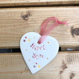 Hand painted ceramic heart featuring star design and the sentiment 'Happy 30th'  Handmade in the UK using clay, glaze and paint sourced locally.  Material:  Ceramic