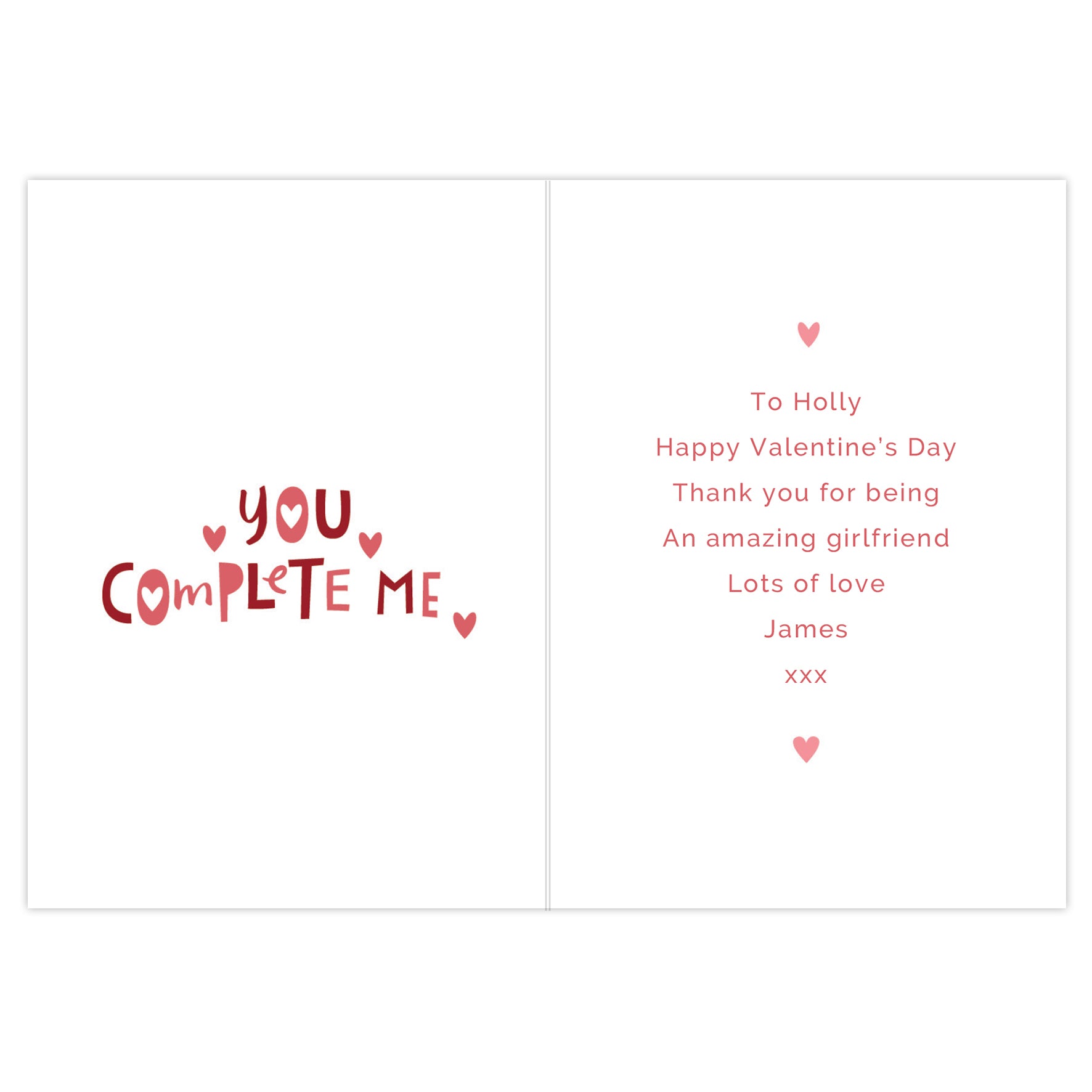 This cute card featuring jigsaw design and the wording 'You Complete Me' can be personalised with your own message