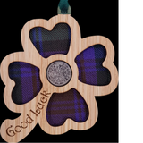 A unique keepsake gift with a Scottish twist.  The sixpence is mounted onto a hanging oak veneered wooden clover with tartan inserts, mounted on card and packaged in clear cellophane packets.  A lucky sixpence is traditionally believed to bring good luck with some families passing down the same sixpence through generations.