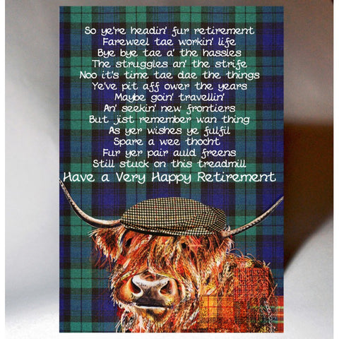 Scottish retirement card featuring a touch of tartan, witty Scottish slang poem and Highland Coo