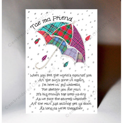 Keepsake card featuring tartan umbrella design and a Scottish slang poem