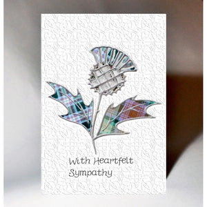  ***Price Includes Delivery ***  Scottish Sympathy Card with a tartan thistle and the words ' With Heartfelt Sympathy'.  Blank inside  Designed and printed in Scotland  Card with hi gloss varnish highlight  Dimensions: 10.5cm x 15cm  We can send direct to recipient free of charge including a handwritten message inside .... simply add a note to your order (from cart page) including your message.  