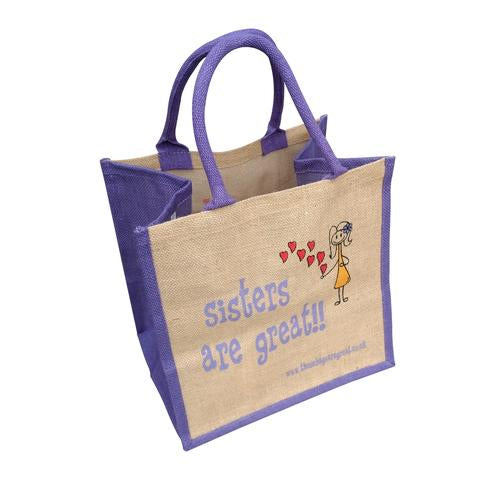 Fun jute shopping bag which features a printed cartoon image of a Sister and the text 'Sisters are Great'