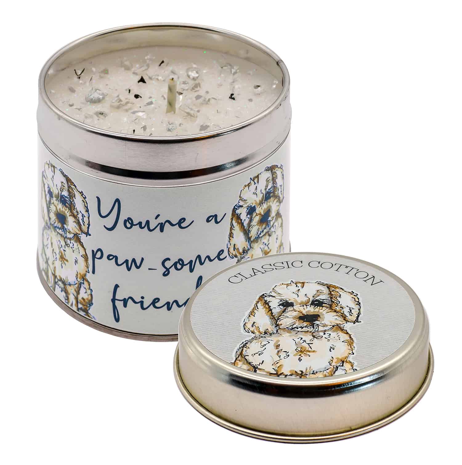 Gorgeous hand finished, scented candle with added sparkle from Best Kept Secret's Occasion range in collaboration with designer Tracey Russell.  Each candle has it's own sentiment.  The tin reads 'Youre a paw-some friend'  Scent:   Using either Classic Cotton or Sweet Pea fragrance.  Candle Type:  Tin with lid  Burn Time:  35 hours  Made in Northumberland, UK from the finest locally sourced ingredients