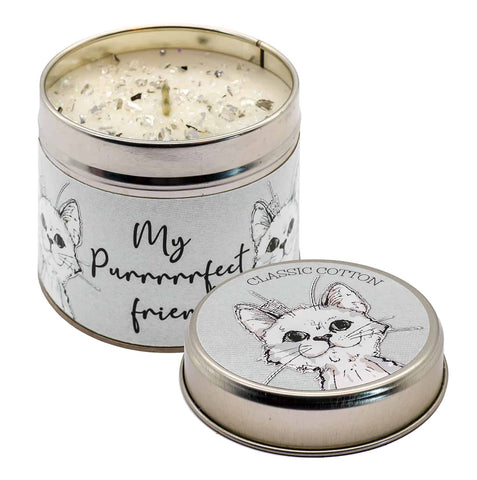 Gorgeous hand finished, scented candle with added sparkle from Best Kept Secret's Occasion range in collaboration with designer Tracey Russell.  Each candle has it's own sentiment.  The tin reads 'My Purrrrrfect Friend  Scent:   Using either Classic Cotton or Sweet Pea fragrance.  Candle Type:  Tin with lid  Burn Time:  35 hours  Made in Northumberland, UK from the finest locally sourced ingredients