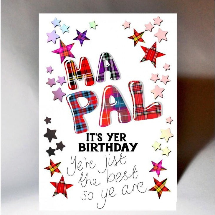 Scottish Slang Birthday Card with tartan font and stars design - Ma Pal