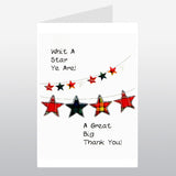 Scottish thank you card with tartan star bunting design which reads:  'Whit a star ye are! A great big thank you'